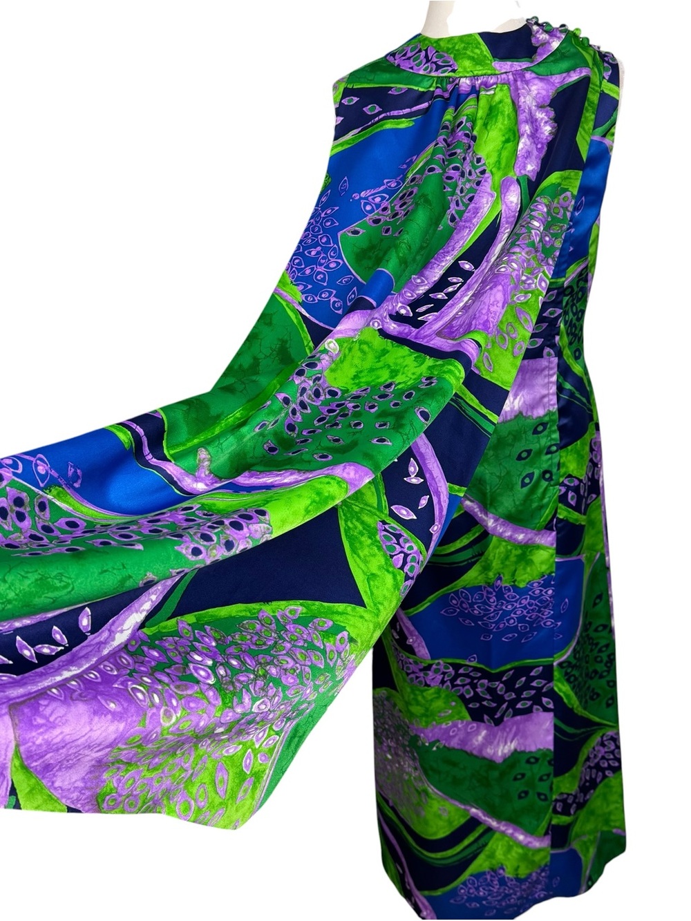 Vintage 1960-70's Maxi Cocktail Dress Abstract Vibrant Attached Matching Cape  6 - Picture 2 of 6
